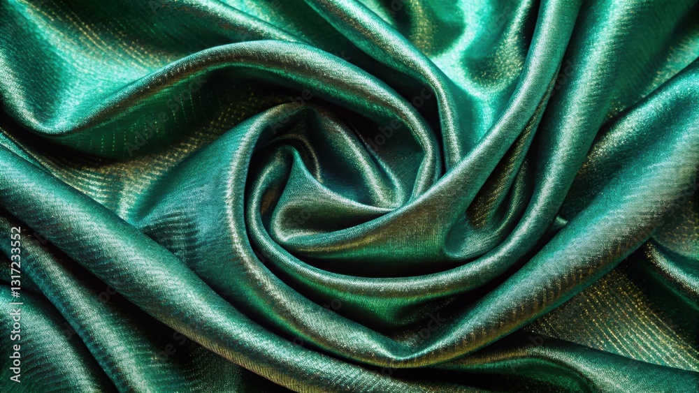 Poster A close-up of a smooth green fabric with a subtle shimmer, creating an abstract design with soft folds and curves.
