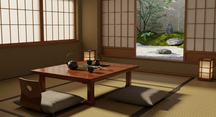 Fototapeta premium Japanese Tea Ceremony Setup in a Traditional Room with Garden View