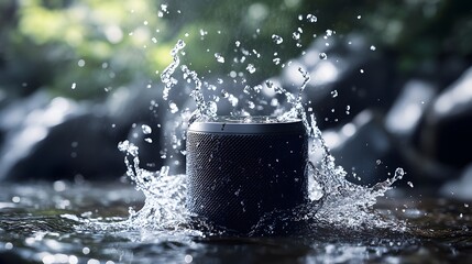 Dark Cylindrical Speaker in Water Splash, Green Nature Background