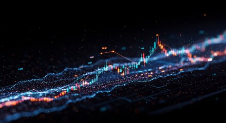 Fototapeta premium Abstract Financial Data Visualization - Glowing landscape depicting market data, showcasing trends and fluctuations in a dynamic visualization