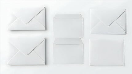 White Envelopes Arranged On A White Background Featuring Both Open And Closed Envelopes In A Minimalist Flat Lay Style