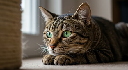 Adorable Tabby Cat Resting Indoors - Close-up of a beautiful tabby cat with striking green eyes, resting indoors. A serene and peaceful feline