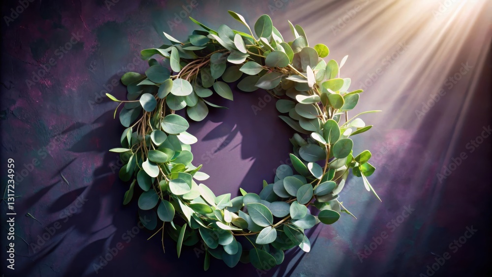 Aufkleber A circular wreath of green leaves arranged on a dark, textured background with a ray of sunlight passing through the center.