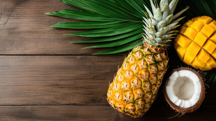 Fresh pineapple, mango, and coconut on wooden table with palm leaves