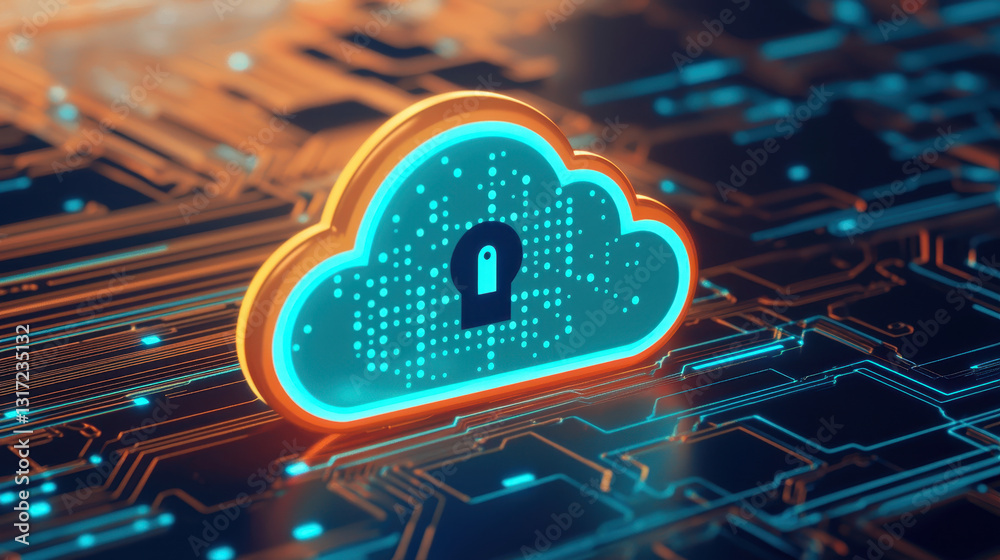 Poster cloud computing symbol with lock, representing data security and technology