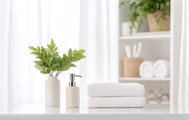 A white bathroom vanity countertop showcases a muted white soap dispenser and a small beige vase with green leaves, perfect for modern product displays and minimalist interior design themes.