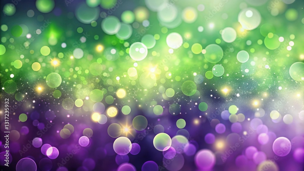 Poster A Festive Abstract Background Featuring Shimmering Green and Purple Bokeh Circles With Flecks of Sparkling Light