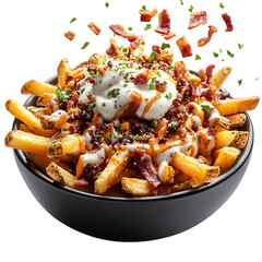 A Bowl of Fries with Bacon and Cheese Isolated on Transparent Background