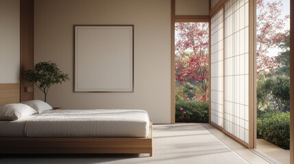 Fototapeta premium serene bedroom with wooden bed, large windows, and view of nature
