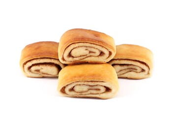 Mini cinnamon roll buns, traditional northern Europe sweet, on white background.