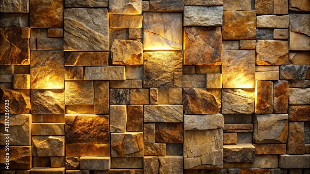 Leinwandbilder a warm, inviting, and textured stone wall illuminated by soft lights. the staggered rectangular ston