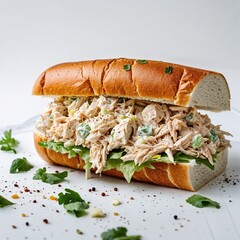 Chicken Salad Sandwich Shredded or diced chicken mixed with mayo and seasonings in a sandwich Food portrait photography display on red background