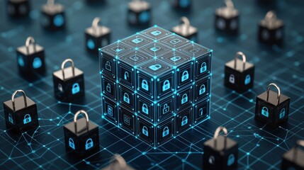Modern Cybersecurity Concept with Digital Lock and Data Cube Design