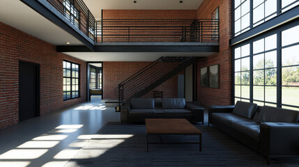 Obraz premium Modern industrial interior with brick walls and large windows