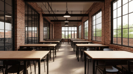 Modern industrial office space with large windows and wooden tables