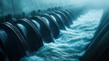 Fototapeta premium Water flowing through large industrial pipes at a dam, mist rising, showcasing engineering power