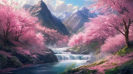 Serene river valley adorned with cascading cherry blossoms and majestic mountains