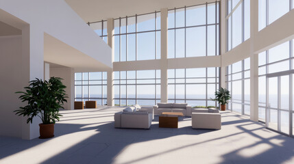 Modern spacious living room with large windows and ocean view