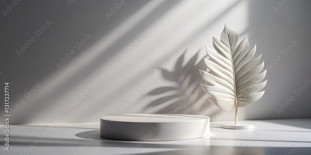 Aufkleber minimalistic white platform with dried leaf and light rays on a white background