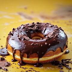 Fototapeta premium Chocolate Glazed Donut A yeast donut covered in a rich chocolate glaze food portrait photography display on red background