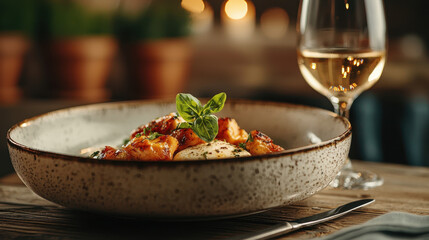 Delicious gourmet dish with gnocchi, herbs, and white wine