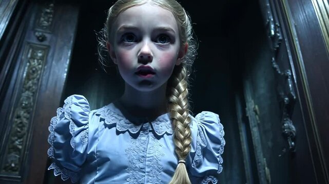Young girl in vintage dress standing in dark hallway with eerie lighting and expression of fear during a mysterious encounter