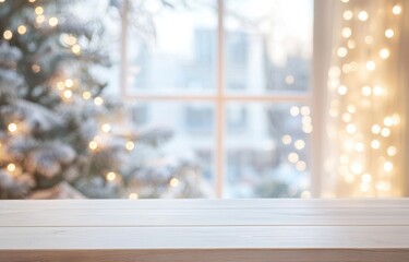 A blurred Christmas tree with festive decorations and a cozy window interior create a warm holiday ambiance, while a wooden table top in the foreground serves as a perfect space for product display.