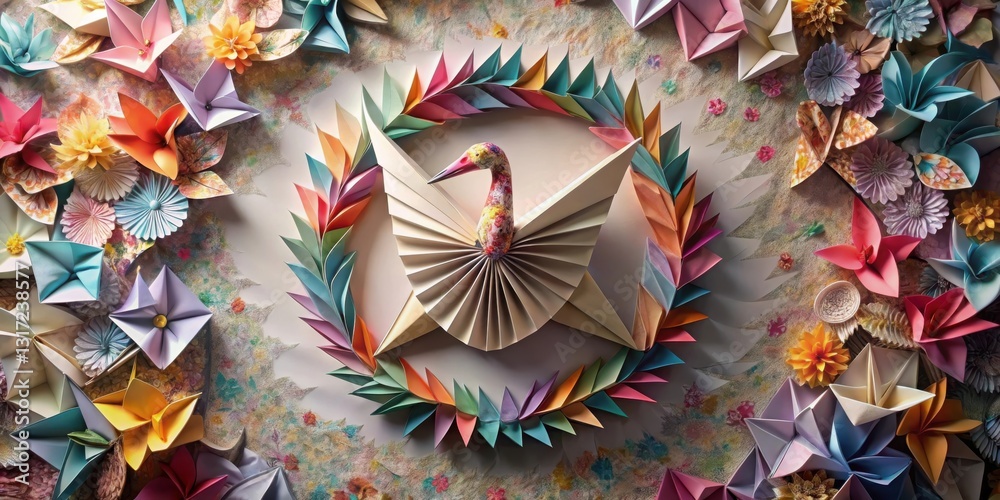 Poster a colorful display of paper flowers and a paper bird surrounded by a wreath of folded paper flowers