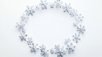 Merry Christmas wreath made of fir branches, white and silver decorations, sparkles and confetti on white background. Xmas and New Year holiday, bokeh, light. Flat lay, top view, wide banner