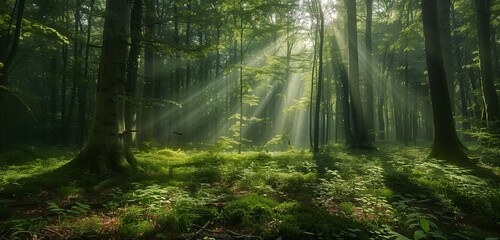 Obraz premium A lush green forest with sunlight gently filtering through the dense foliage of tall trees, creating a serene and natural ambiance.