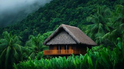 A serene wooden house with a thatched roof nestled amidst lush greenery and mountains under a cloudy sky.