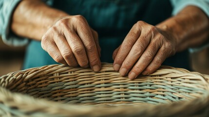 A craftsman skillfully weaves a wicker basket, showcasing intricate hand movements and attention to detail.