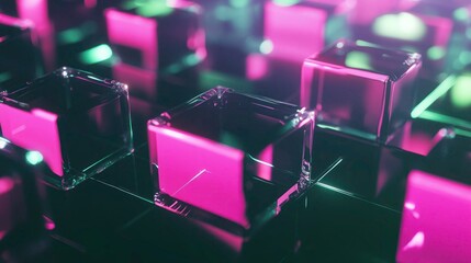 Futuristic Array: Abstract Arrangement of Luminous Pink and Glassy Cubes