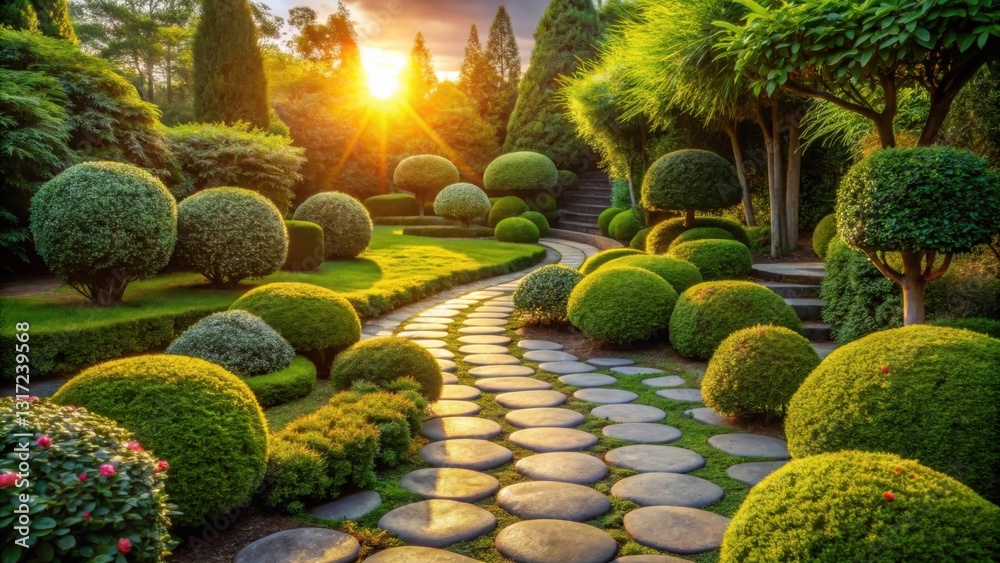Poster a winding stone pathway leads through a meticulously manicured garden, where perfectly shaped shrubs
