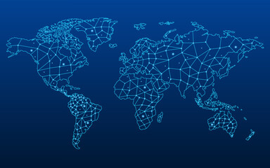 World map outline low poly style. Blue technological world map line drawing