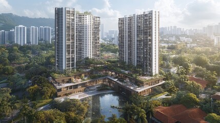 Naklejka premium Aerial View of Modern Highrise Residential Complex Amidst Lush Greenery