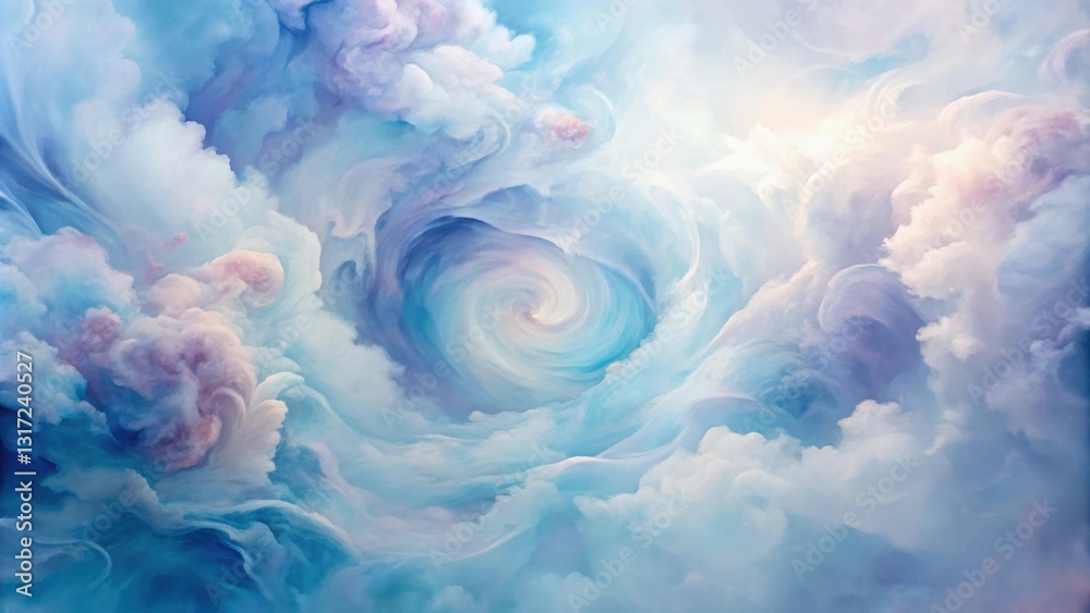 Poster a serene and abstract composition of whimsical clouds with a swirling vortex at the center, evoking 