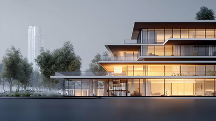 Fototapeta premium Modern Geometric Luxury Home Exterior At Dusk With Illuminated Windows And Lush Landscaping 3D Rendering