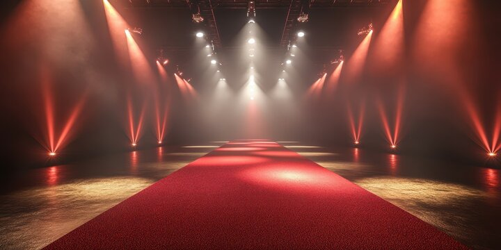 Red carpet event venue with dramatic lighting and stage design for an upcoming awards ceremony