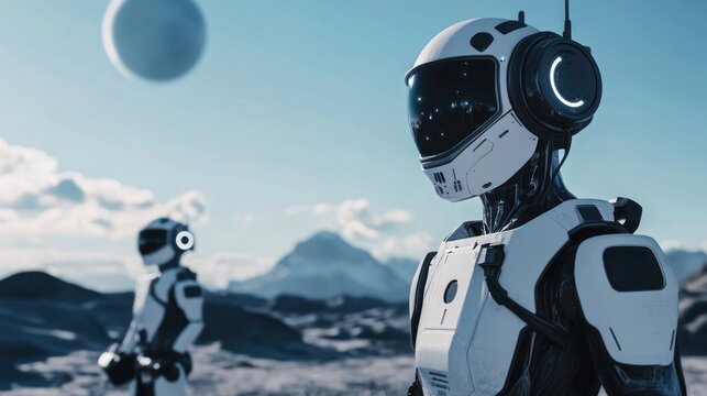 Futuristic exploration mission on a distant planet with humanoid robots