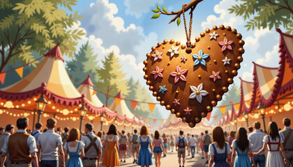 Decorative gingerbread heart hanging in vibrant Oktoberfest celebration, festivity, blurred background