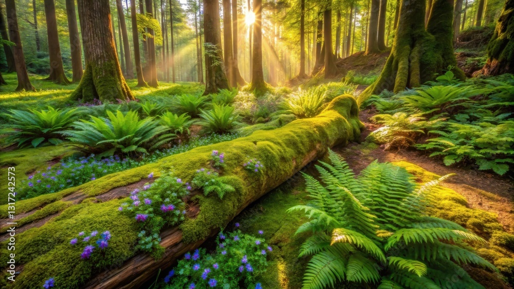 Poster sunbeams pierce through a dense canopy, illuminating a mossy forest floor with delicate blooms and l
