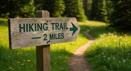 Hiking Trail Signpost Directing Hikers on Forest Path Two Miles Ahead