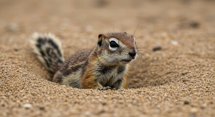 Fototapeta premium Desert Squirrel in Sandy Burrow - Adorable desert squirrel peeking from its sandy burrow, showcasing its fluffy tail and inquisitive gaze