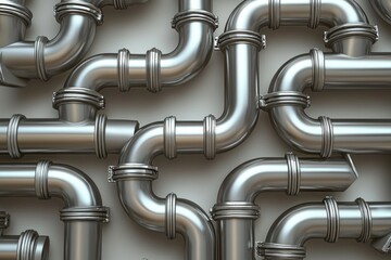 Interconnected metallic pipes form a complex network against a neutral background