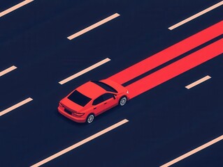 A vibrant red car driving along a modern highway. Dynamic motion captured with a sleek, minimalistic design.