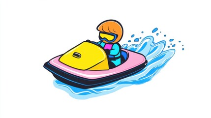 Colorful Cartoon Illustration of a Person Riding a Jet Ski on Vibrant Blue Water with Splashes