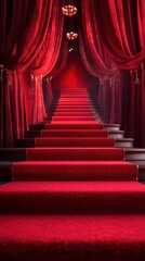 Elegant red carpet staircase leading to a grand venue with rich drapery and intimate lighting
