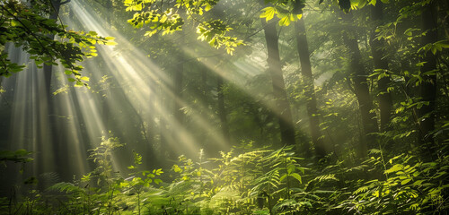 Obraz premium A lush green forest with sunlight gently filtering through the dense foliage of tall trees, creating a serene and natural ambiance.