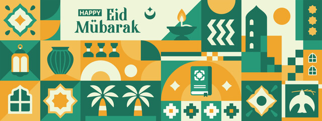 abstract geometric pattern of eid al fitr, ramadan kareem with arabic city landscape and various bright colored islamic icons and symbols